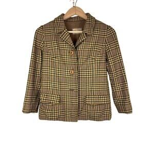 Vintage Vogue Yokohama Women's Size 2 Tan Plaid Wooden Button Blazer *
